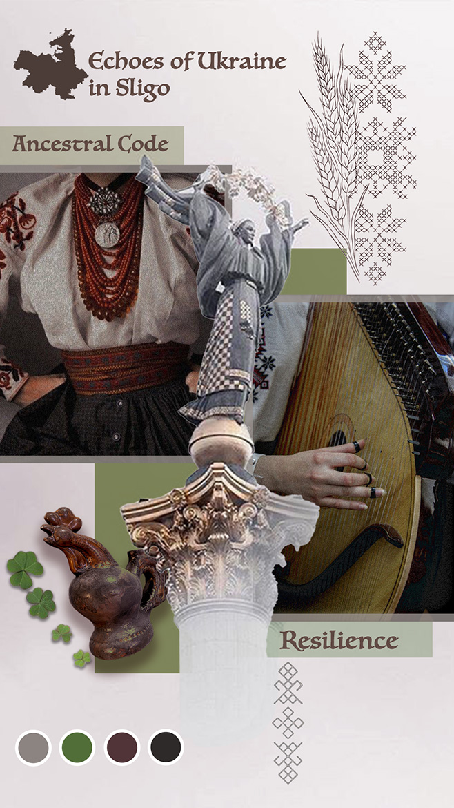 Visual mood board for a Ukrainian Culture Evening: colour palette, textures, and cultural symbols