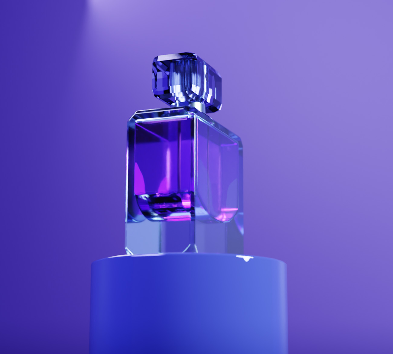 Cinematic 3D render of a perfume bottle