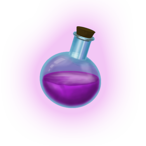 2D digital drawing of a glass flask filled with glowing purple liquid, a magical potion.