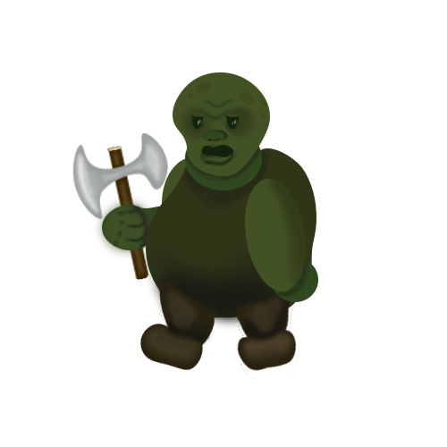 2D illustration of a moss-green swamp troll holding a large double-sided axe, standing in a dungeon beneath the magical forest.