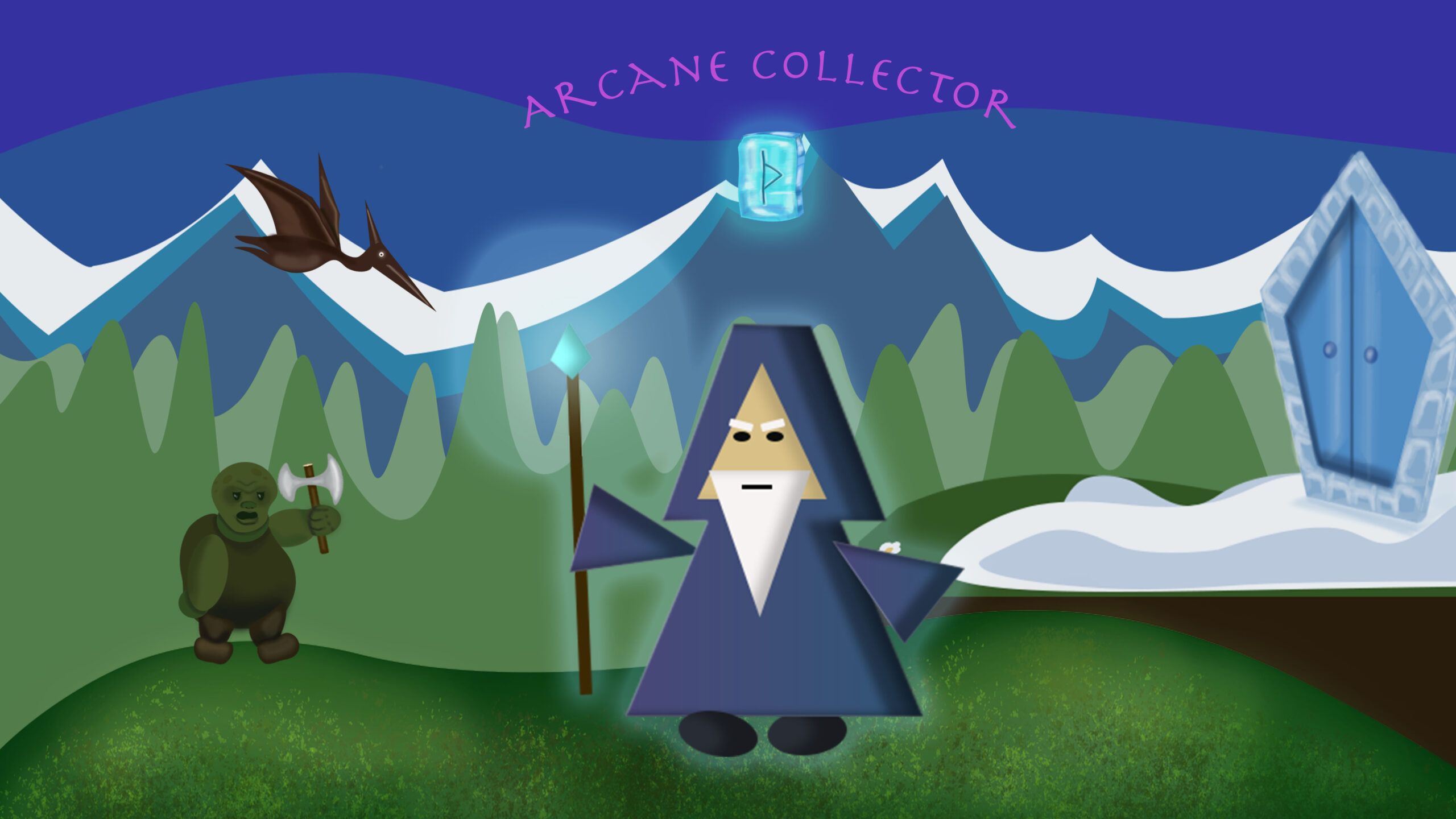 Arcane Collector game poster showing the main wizard character and magical environment.