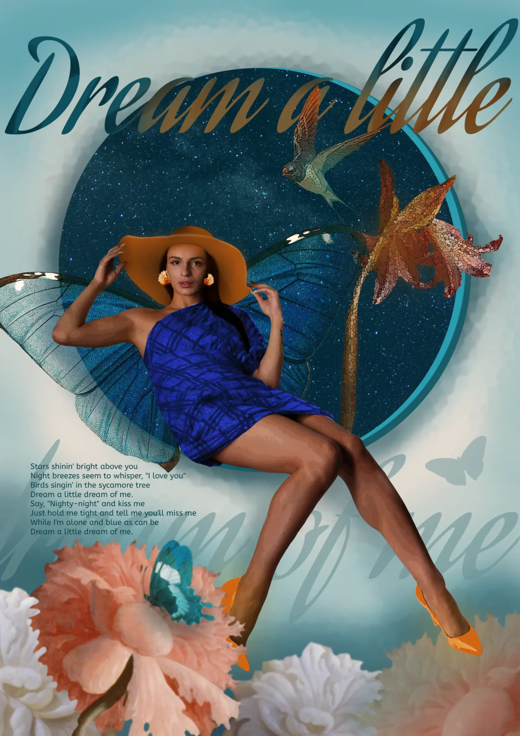 Editorial fantasy poster showing a woman in a blue dress and orange hat sitting in front of a circular portal filled with a starry sky, surrounded by butterfly wings, flowers and dreamy typography on a pastel turquoise background.